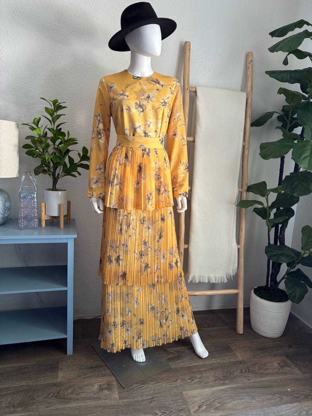 Yellow Floral Pleated Maxi Dress
